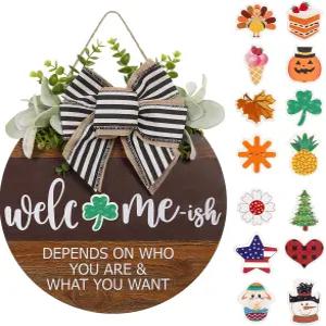 현관문용 교체 가능한 계절 환영 표지판 현관문 걸이 장식용 소박한 원형 나무 화환 봄 여름 가을 할로윈