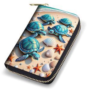 여성용 stmedazm 신용카드 홀더 지갑, 지퍼 아코디언 지갑으로 소형 가죽 카드 케이스 지갑을 차단하는 RFID, 해변의 거북이