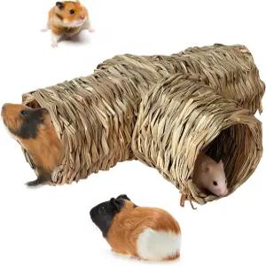 햄스터 잔디 터널 장난감 자연의 은신처 짚집 입구가 개방된 기니 돼지 및 햄스터를 위한 튜브 홈 쥐 페럿