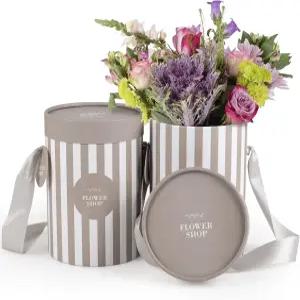꽃집 공급 스트라이프 플라워 모자 상자 2팩 배치용 원형 꽃 새틴 리본 손잡이 및 방수 라이너 뚜껑이 있는