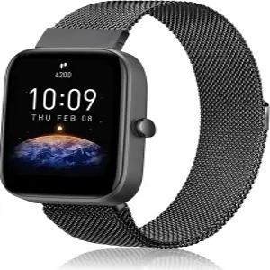 Amzpas Amazfit Bip U Pro 3 S Lite Lite용 금속 밴드 마그네틱 버클이 있는 20mm 조절식 스테인리스 스틸