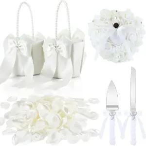 유순틱 웨딩 플라워 바구니 하트 모양 링 베어러 베개 및 나이프 서버 세트결혼식 용품용 실크 로즈 꽃잎