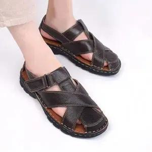 [룽스]남성쪼리 가죽샌들 쿠션 토캡 여름 슬리퍼