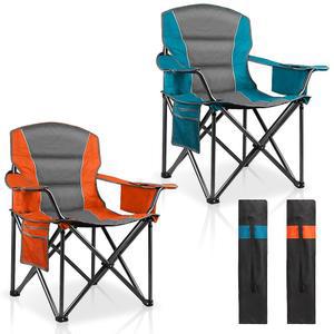 랜마운틴 2팩 패딩 오버사이즈 캠핑 의자 400파운드의 튼튼한 지지대 접이식 휴대용 잔디 홀더 쿨러 사이드 포켓 야외 피크닉에 적합한 하이킹 오렌지 블루