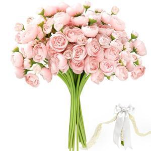 리본 진주 라눈큘러스 부케 24개 조화 인조 실크 미니 있는 핑크 브라이덜 웨딩 장식용 작약 DIY 장식 핀이 샤워 테이블