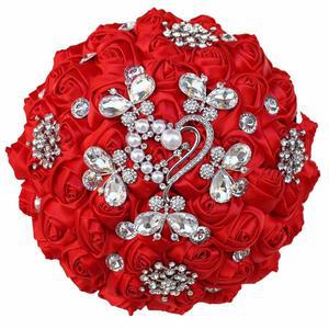 TUAGYMKR 핸드메이드 라인스톤 브로치 미니 크리스탈 다발 15CM 95 레드 부케 있는 리본이 웨딩 던지기 신부 다이아몬드 조화 라운드 새틴