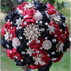 SHAREBEAUTY 16CM 3인치 미니 신부 새틴 라운드 블랙 다발 던지기 부케 핸드메이드 조화 로즈 웨딩 카민