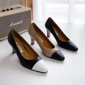 낮은굽구두 소가죽 펌프스힐 여성 미들힐 배색포인트 데일리구