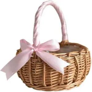Vctitil Wicker Rattan 꽃바구니 웨딩 플라워 걸 바구니 손으로 짠 장식 캔디 보관 홈 장식(S 핑크)