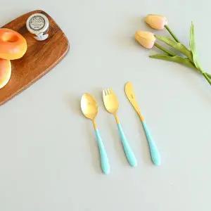 [큐티폴] 앨리스 키즈커트러리 터쿼즈골드 3종