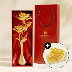 골드팡 24k 행운 액막이명태 골드바 0.2g + 24k 트윈두송이 순금장미 축하선물 세트