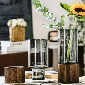 우드화병 빈티지 투명 블랙 나무 원목 받침대 원통 원형 꽃 꽂이 조화 유리 화병 꽃병