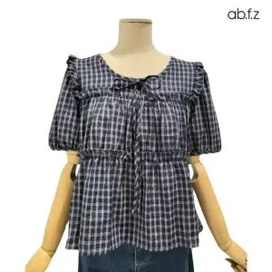 [롯데백화점]abfz 라운드넥 체크 패턴 러블리  반팔 블라우스 APZ3ZB34H