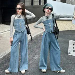 [삐삐네옷가게]초등학생 여아 데님 와이드 티셔츠 뷔스티에 청바지 3종세트