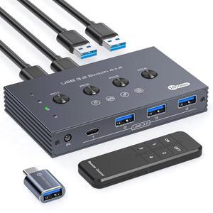 USB 3.2 스위치 셀렉터 4 컴퓨터 공유 USBC 1대 및 USBA 장치 3대 10Gbps 4포트 USB 스위처 케이블 및 리모컨이 있는 키보드 마우스 프린터 스캐너 공유 및 어댑터