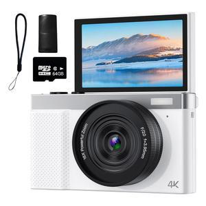 4K 디지털 카메라, 3인치 180 플립 스크린을 갖춘 64MP 브이로그 초급용 64GB 마이크로 SD 카드를 16배 컴팩트 카메라(화이트)