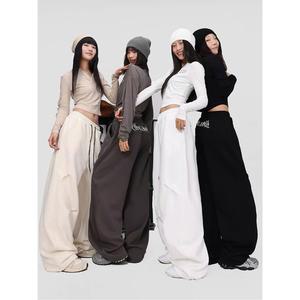 스트리트 스타일 힙합 스포티 댄스 바지 재즈 레그 캐주얼 스트레이트 바나나 프린트 블렌드 팬츠 하이웨이스트 코튼 삼단