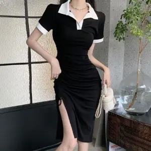 카라 배색 옆셔링 반팔 원피스 여름 캐주얼 레귤러핏 UuO9+2UYa