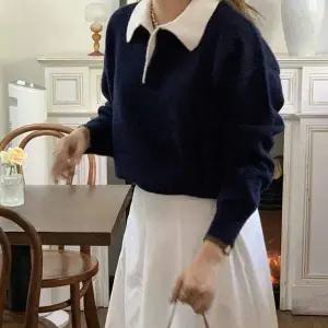 배색 DQ67OL07 카라 숏 긴팔 니트 DA-1004391