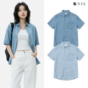 [NIX]여) M톤/L톤 오버핏 텐셀 데님 롤업 반팔 셔츠 (FNQMDSA550M)
