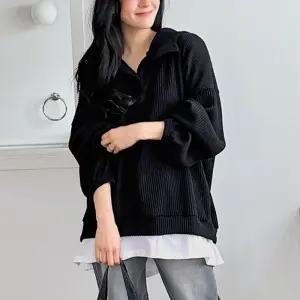 골지 후드 니트 긴팔 오버핏 밑단레이어드 니트티 여성 빅사이즈