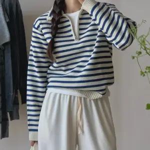 가을 반집업 스트라이프 카라 니트 티셔츠