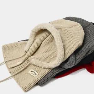 여자 615YGM61 학생 외출 귀여운 스타일 골지 뽀글이 포인트 패치 니트 후드 넥워머