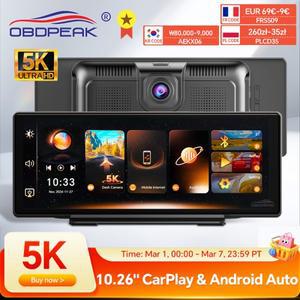 K8s 10.26 인치 자동차 DVR 5K 대시 캠 듀얼 렌즈 무선 카플레이 및 안드로이드 비디오 레코더 모니터 GPS