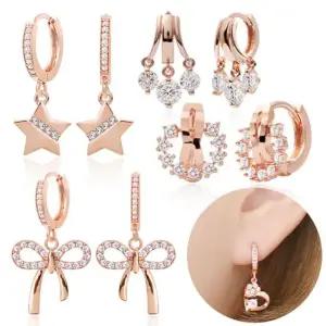 14K 로즈골드 큐빅 펜던트 드롭 원터치 링 귀걸이