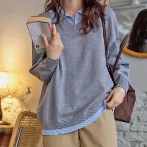 배색 카라 레이어드 니트 티셔츠 긴팔 여성 빅사이즈