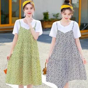 여자 여름 플로럴 패턴 나시 반팔 원피스 레이어드 KdI9+6rbY