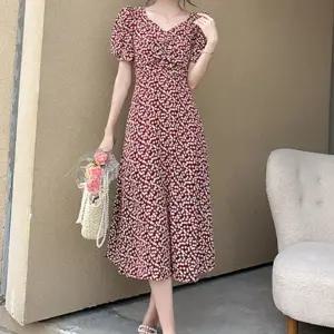 여자 봄여름 외출 빨간색 얇은 반팔 롱원피스 Ipz5+4dpa