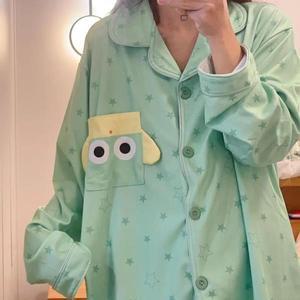 케로로 개구리 군단 한국 스타일 여성 잠옷 두꺼운 홈웨어 세트 가을 겨울 녹색 따뜻한 폴리에스터 섬유