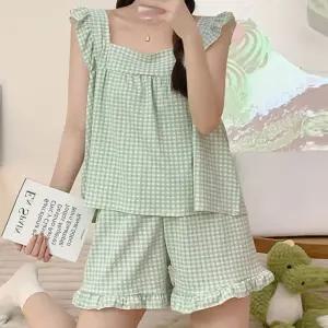 체크패턴 바스락 프릴 잠옷 나시 밴딩 반바지 세트 여성홈웨어 파자마 편한