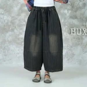 벅시루 세로결 빈티지 여성 체형커버 허리밴딩 배기 8부 통큰 청바지