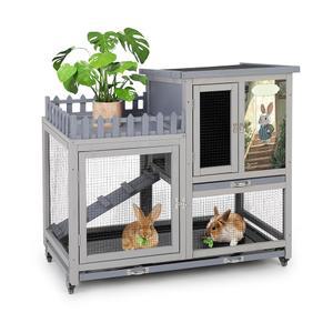발코니가 있는 우드 래빗 허치 - 실내 야외용 바퀴 달린 작은 동물 집 토끼 우리, 램프 포함 케이지, 트레이 꺼내기, (무늬가 회색)