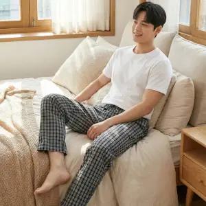 TRY 남성 파자마 바지 선염 체크 9부 하의 트라이 순면 100% 40수 홈웨어 편한 남자