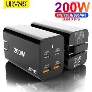 URVNS GaN 200W USB C 벽면 충전기 4포트 PD 65W PPS45W QC5 MacBook iPhone 14 13 Samsung S21용 초고속