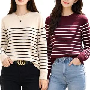 [모든GO]봄 가을 여성 라운드넥 니트 긴팔 스트라이프 날씬해 보이는 상의