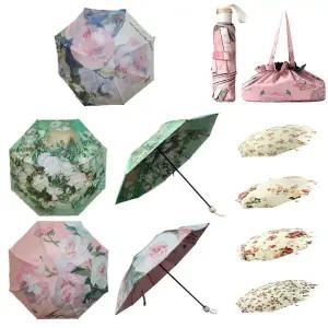 명화우산 UV 자외선 차단 양면 꽃무늬 접이식 경량 암막 3중 유화 양산 우산 파우치 포함