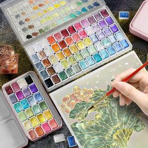 24색 펄고체 수채물감 광택 미술용품 캘리그라피 상자 투명 세트 수묵화 수채화세트 고채