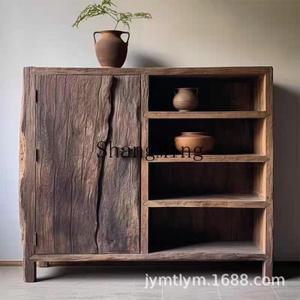 FG 와비사비 스타일 레트로 올드 엘름 우드 사이드보드 캐비닛 홈스테이 솔리드 티 워터 심플 홈 스토리지