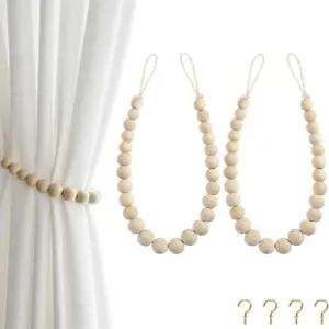 히온 2개 보호 커튼 타이백 우드 비즈 홀드백 커튼용 야외 농가 홀더 홈 오피스 장식용 후크(우드 컬러)