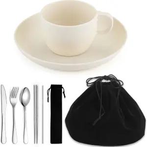 캠핑 필수품 세트 홈퀸 접시 및 그릇 커피 머그잔 여행용 식기 세트에는 스푼 포크 작업용 나이프 야외