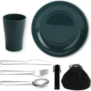 에반다 캠핑 식기 세트 재사용 가능한 경량 머그컵 접시 및 스테인리스 스틸 블랙 백 식기세척기 안전
