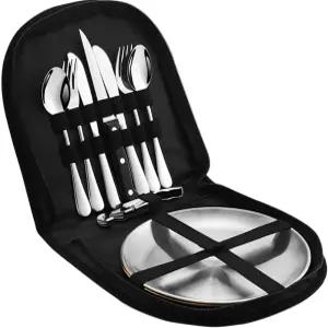 이스뎀 금속 캠핑 도구 세트 실버웨어 2인용 재사용 가능한 여행용 식기 케이스 포함 나이프 포크 스푼