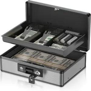 돈 트레이와 열쇠가 있는 락바코 잠금 현금 상자 현금용 안전한 금고 하단 수납 공간이 휴대용 절약