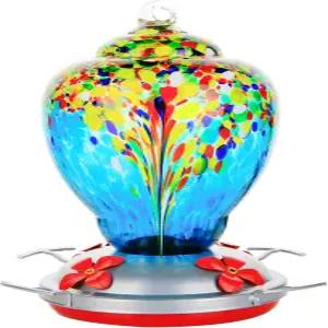 야외 파티오를 위한 WOSIBO 벌새 모이통 32온스 컬러풀 핸드 블로우 글래스 모이통(개미 해자 걸이 고리