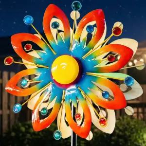 태양풍 스피너 야외 금속 정원 장식 - 60.63인치 키네틱 플라워 조각 색상 변화 LED 크래클 유리 볼 보석
