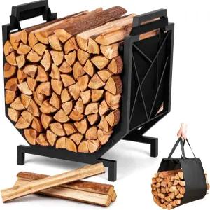 하이하둠 장작 선반 야외 실내 - 캔버스 통나무 운반대가 있는 홀더 튼튼한 방수 목재 보관 정리함 벽난로